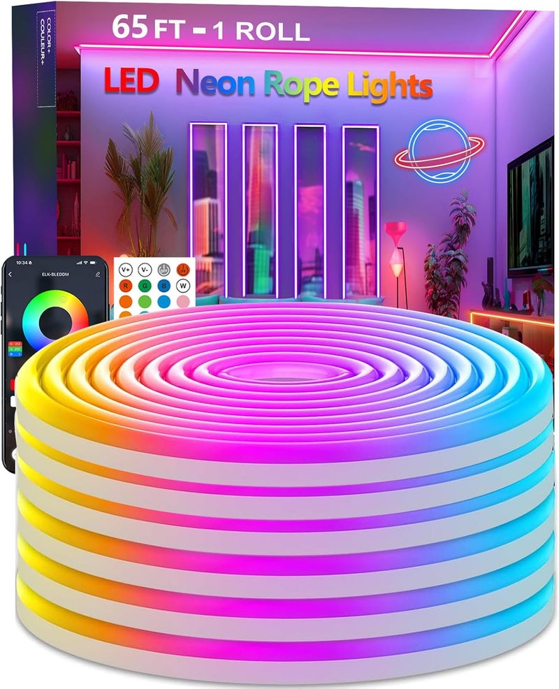 httpsmp 65.6FT Neon Rope Lights,Flexible Led Light Control with App/Remote,Multiple Modes,IP67 Outdoor Waterproof,Music Sync Strip for Bedroom - Image 1